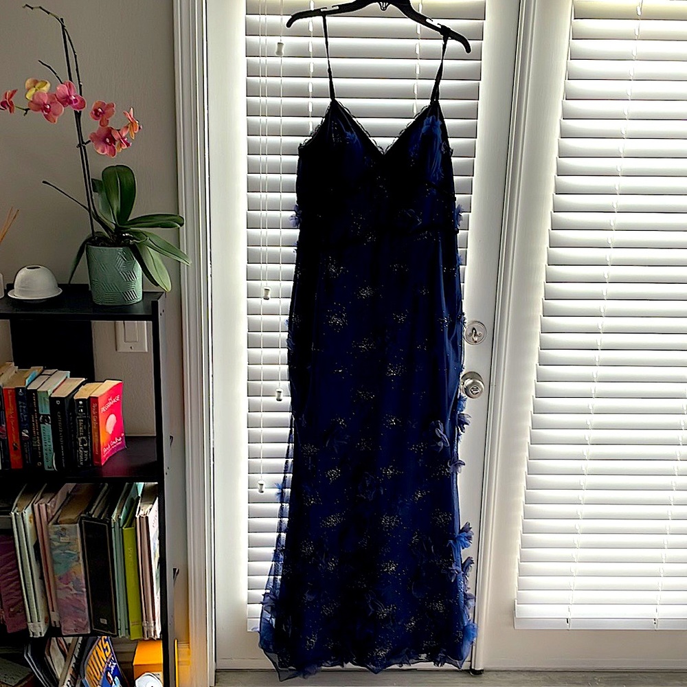 Marchesa Norte 3D Floral Tulle Evening Gown, navy blue, size 14